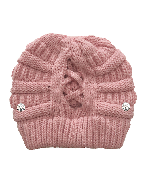 Fashion Pink Button Detachable Cross-back Ponytail Knitted Hat