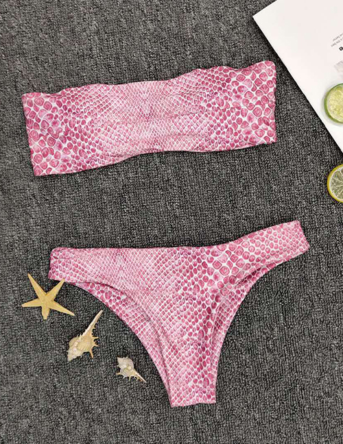 Fashion Pink Bandeau Leopard And Snakeskin Split Swimsuit