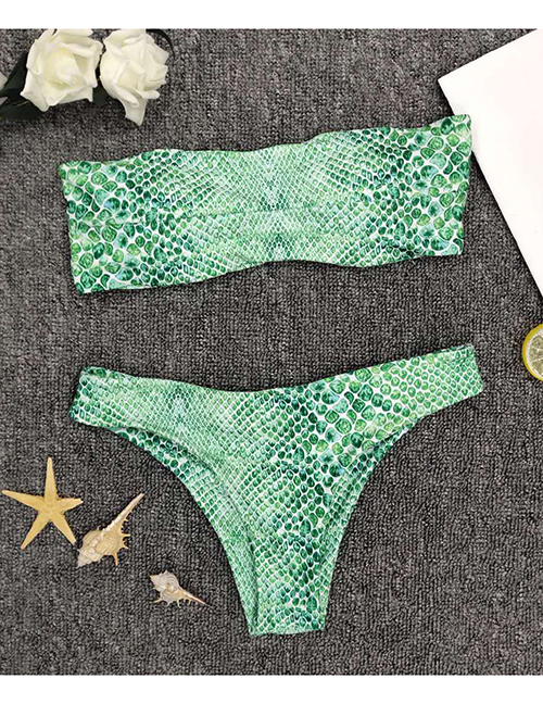 Fashion Fruit Green Bandeau Leopard And Snakeskin Split Swimsuit