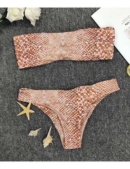 Fashion Brown Bandeau Leopard And Snakeskin Split Swimsuit