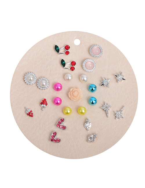 Fashion Color Mixing Diamond Heart-shaped Pearl Flower Geometric Earring Set