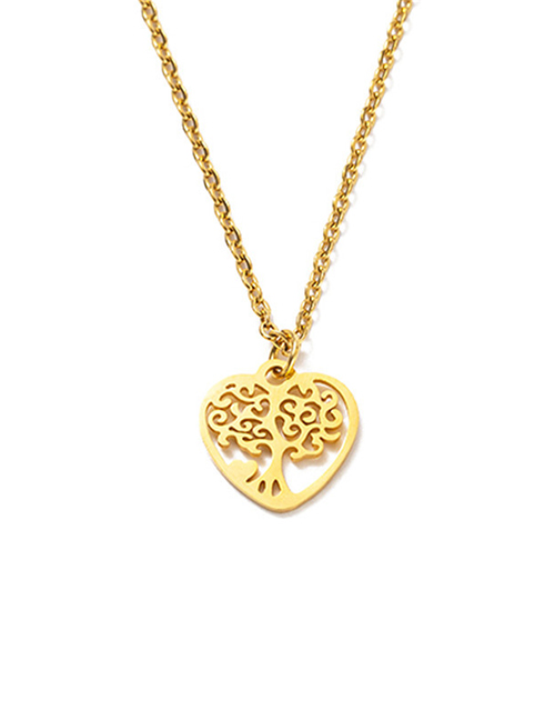 Fashion Golden Peach Heart Tree Of Life Titanium Steel Full Polished Laser Cut Love Tree Of Life Necklace