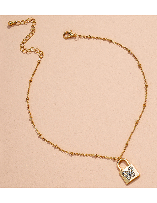 Fashion Golden Lock Shaped Diamond Butterfly Alloy Necklace