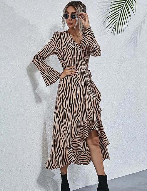 Fashion Zebra V-neck Long-sleeved Ruffled Print Dress