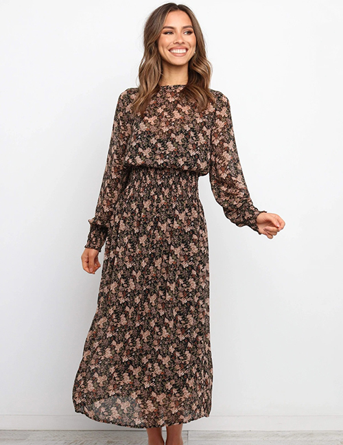 Fashion Brown Long Sleeve Printed Chiffon Dress