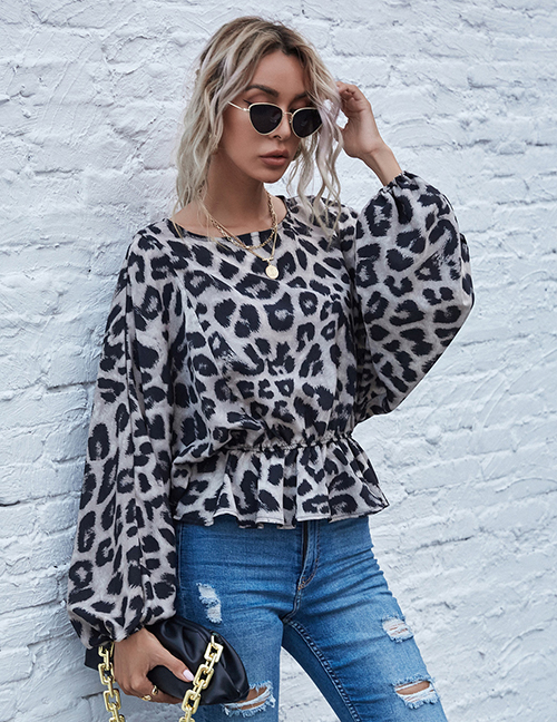 Fashion Gray Leopard Print Bat Shirt Long Sleeve Top