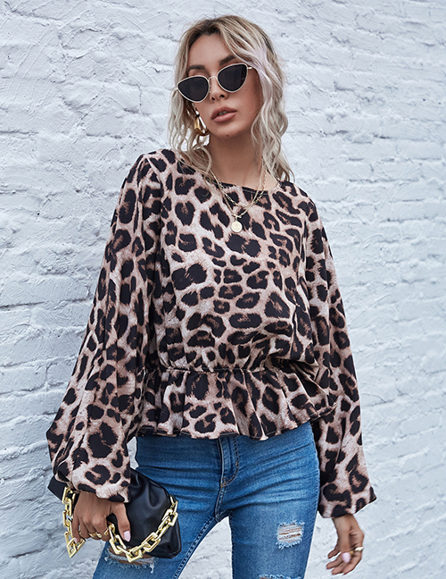 Fashion Light Brown Leopard Print Bat Shirt Long Sleeve Top