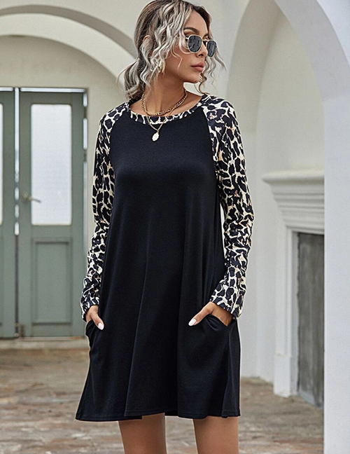 Fashion Black Leopard Print Stitching Round Neck Long Sleeve Dress