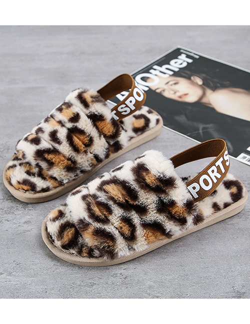 Fashion Beige Leopard Elastic Band Leopard Print Plush Open-toe Non-slip Warm Slippers