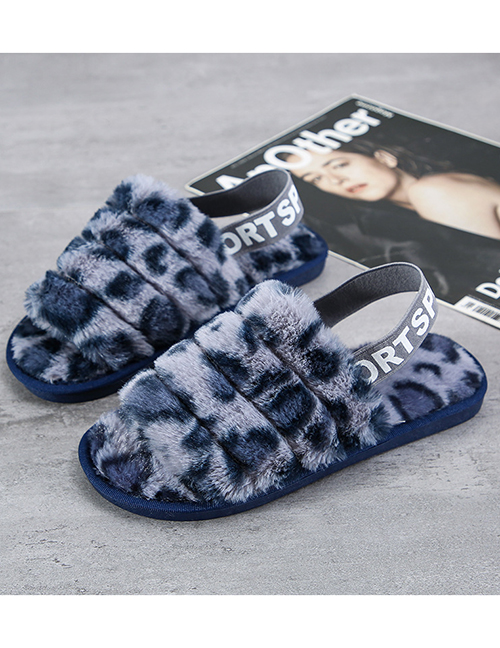 Fashion Blue Leopard Elastic Band Leopard Print Plush Open-toe Non-slip Warm Slippers