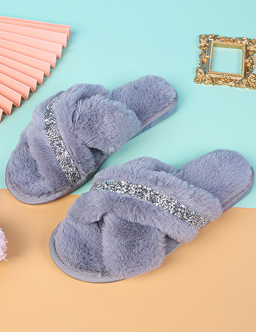 Fashion Gray Home Indoor Non-slip Flat-bottomed Cross Woolen Cotton Slippers