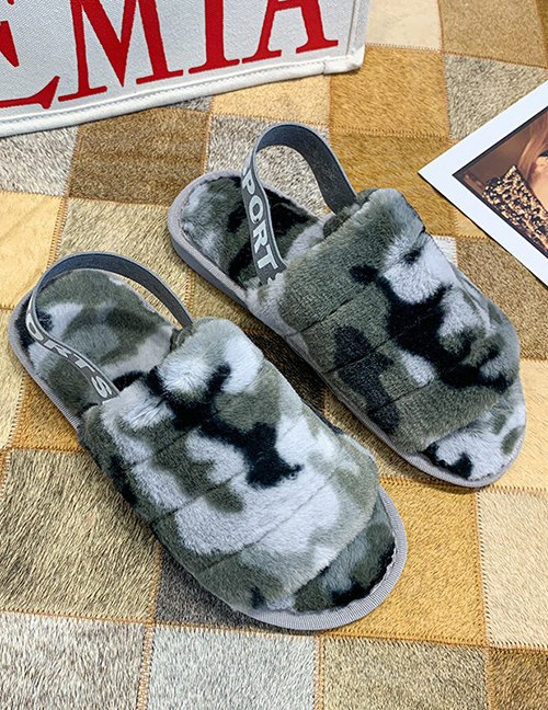 Fashion Camouflage Gray Heel With Open Toe Camouflage Leopard Print Plush Soft-soled Slippers