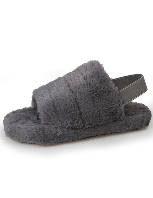 Fashion Gray Plush Open-toed Flat Elastic Flat Slippers