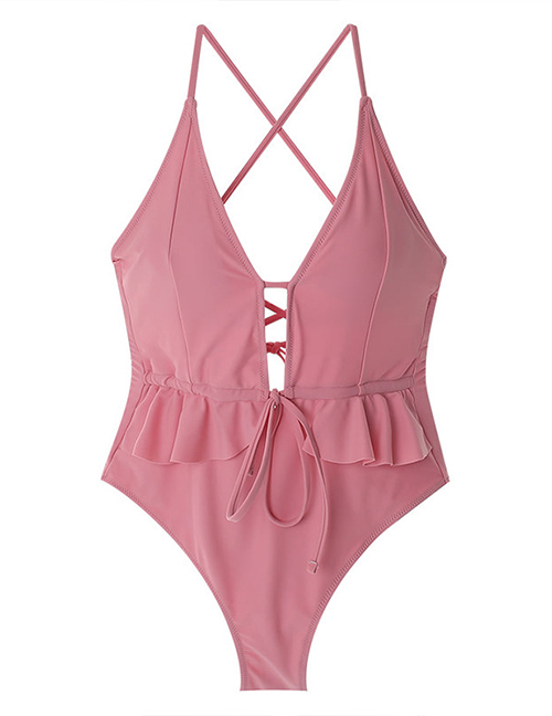 Fashion Pink Triangle Halter Ruffled Strap One-piece Swimsuit