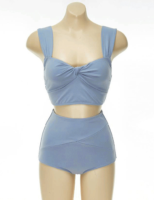 Fashion Light Blue Square Neck High Waist Solid Color Split Swimsuit