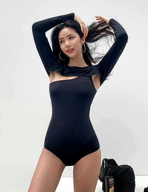 Fashion Black One-shoulder Solid Color Leaky Back One-piece Swimsuit