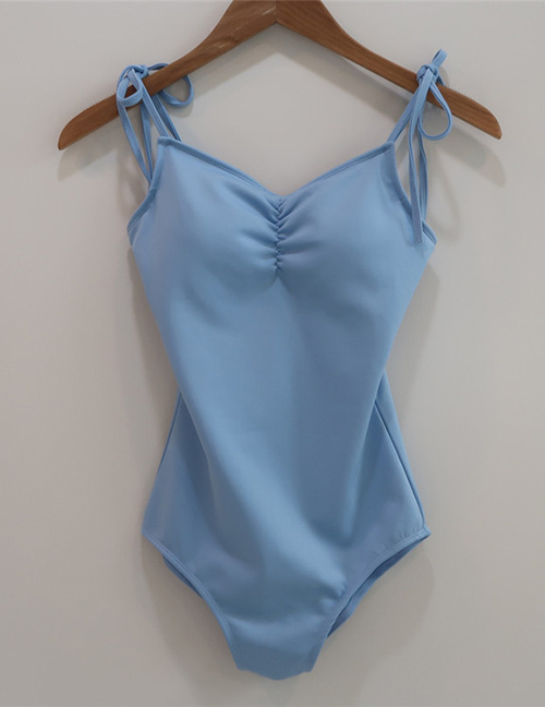 Fashion Blue Solid Color Pleated Tether One-piece Swimsuit