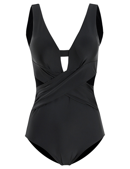 Fashion Black Hollow Open Back Solid Color One-piece Swimsuit