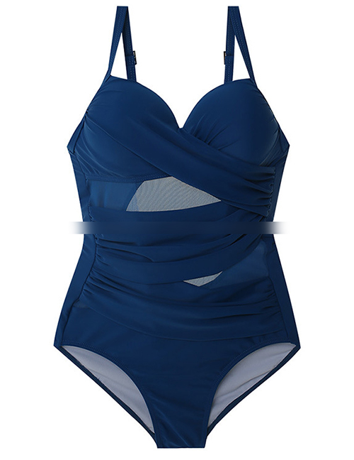 Fashion Blue Cover Belly Open Back Small Chest Gathered One-piece Swimsuit
