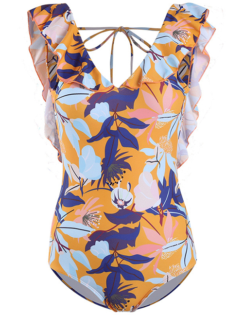 Fashion Color Open Back Ruffled Strappy One-piece Swimsuit