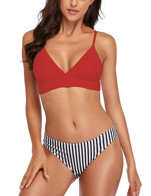 Fashion Split Red Stripes Halter Stripe Print Split Swimsuit