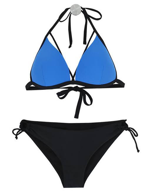 Fashion Royal Blue Stitching Contrast Color Hollow Split Two Swimsuit