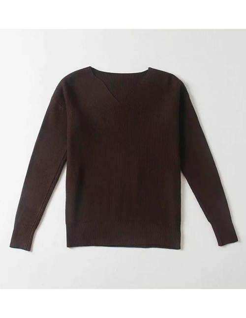 Fashion Dark Brown Small V-neck Solid Color Knitted Bottoming Shirt