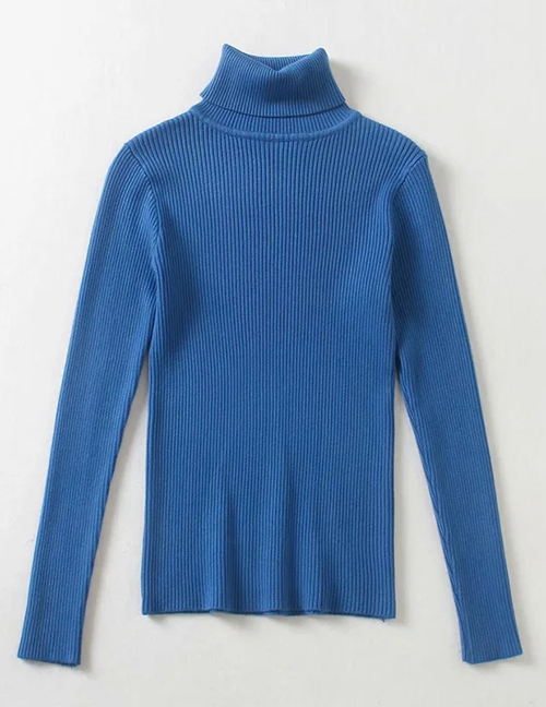 Fashion Blue Solid Color Turtleneck Slim-fit Sweater