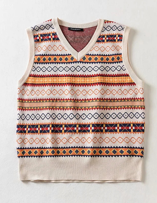 Fashion Beige Color Pattern V-neck Wool Knitted Vest