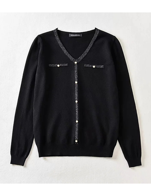 Fashion Black V-neck Pearl Button Knitted Jacket