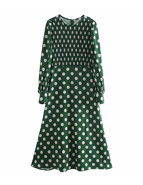Fashion Green Polka Dot Print Long Sleeve Dress