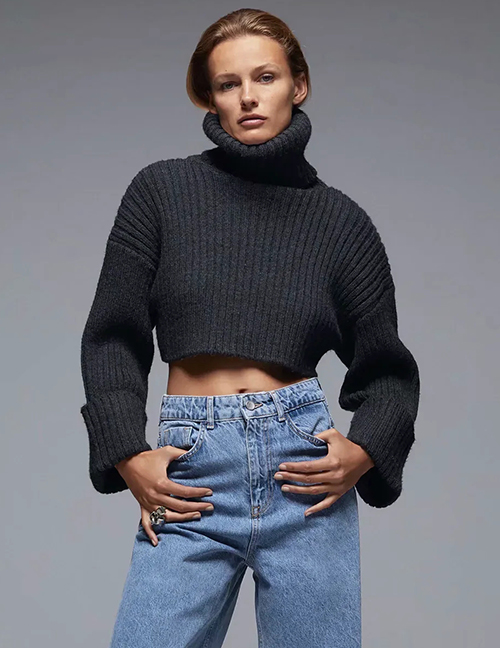 Fashion Black Turtleneck Solid Color Short Sleeve Knit Sweater