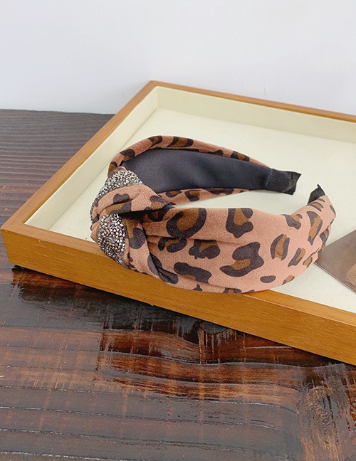 Fashion Coffee Color Leopard Print Plush Rhinestones Knotted Wide-brimmed Headband