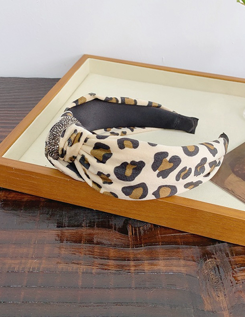 Fashion Beige Leopard Print Plush Rhinestones Knotted Wide-brimmed Headband