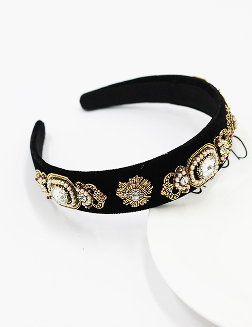 Fashion Black Geometric Wide-brimmed Headband With Pearl And Diamond Flowers