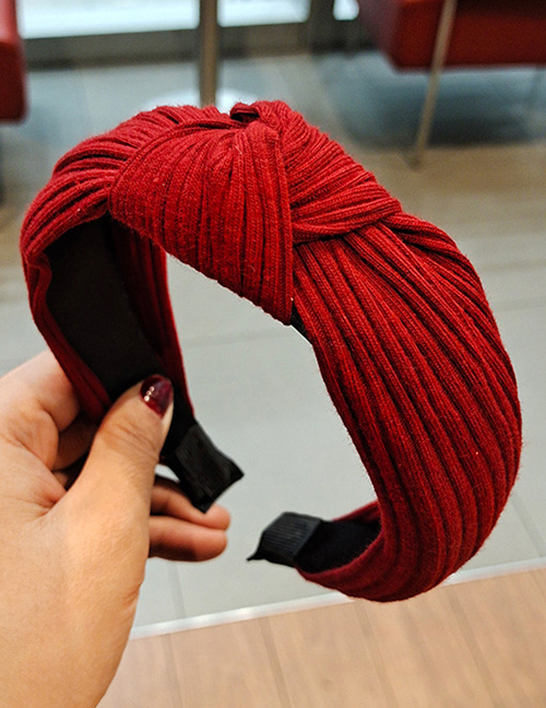 Fashion Red Wine Pure Color Striped Knitted Headband With Knotted Yarn In The Middle