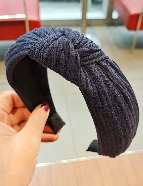 Fashion Navy Blue Pure Color Striped Knitted Headband With Knotted Yarn In The Middle
