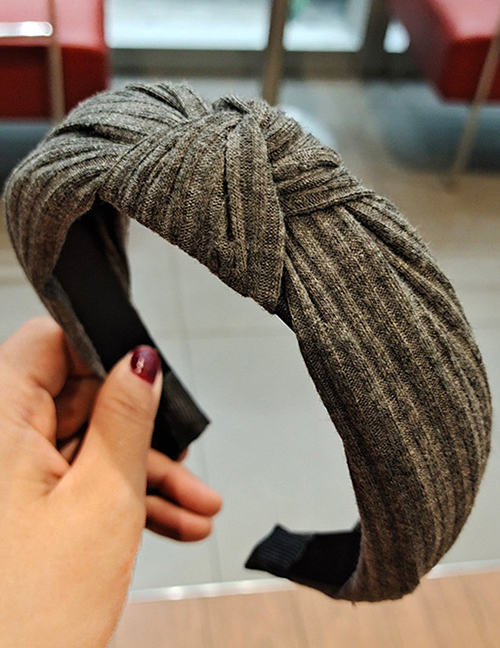 Fashion Dark Gray Pure Color Striped Knitted Headband With Knotted Yarn In The Middle