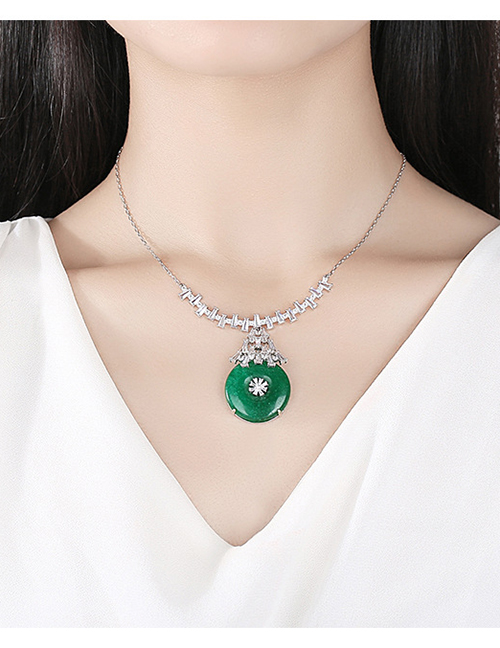 Fashion Platinum Drop-shaped Green Chalcedony Copper And Zircon Pendant Necklace