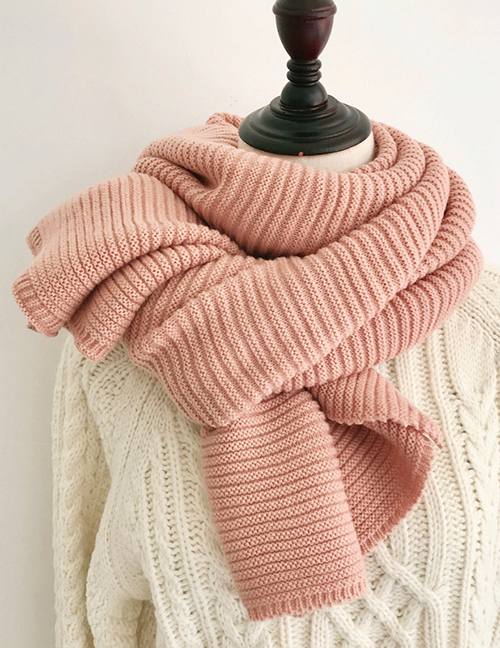 Fashion Pink Pure Color Pleated Knitted Wool Scarf