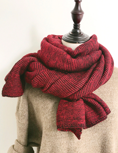 Fashion Wine Red Pure Color Pleated Knitted Wool Scarf