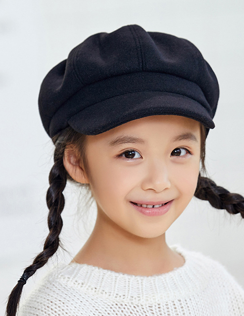 Fashion Children Black Woolen Solid Color Stitching Parent-child Octagonal Beret