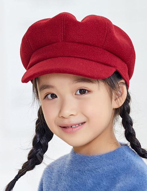 Fashion Children S Wine Red Woolen Solid Color Stitching Parent-child Octagonal Beret
