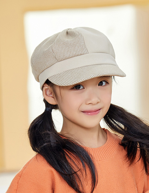 Fashion Children Beige Colorblock Plaid Woolen Parent-child Octagonal Hat