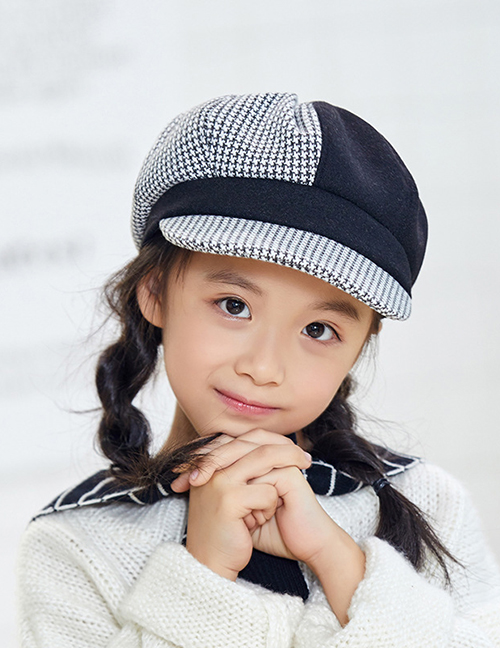 Fashion Children Black Colorblock Plaid Woolen Parent-child Octagonal Hat