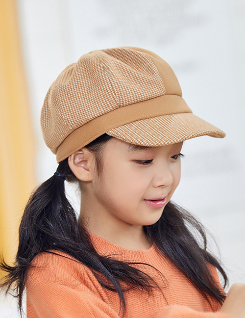 Fashion Child Khaki Colorblock Plaid Woolen Parent-child Octagonal Hat