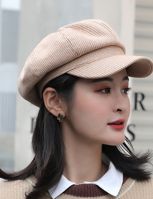 Fashion Khaki Houndstooth Solid Color Wool Octagonal Beret