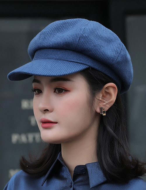 Fashion Navy Blue Houndstooth Solid Color Wool Octagonal Beret