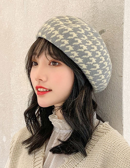 Fashion Gray Houndstooth Wool Beret