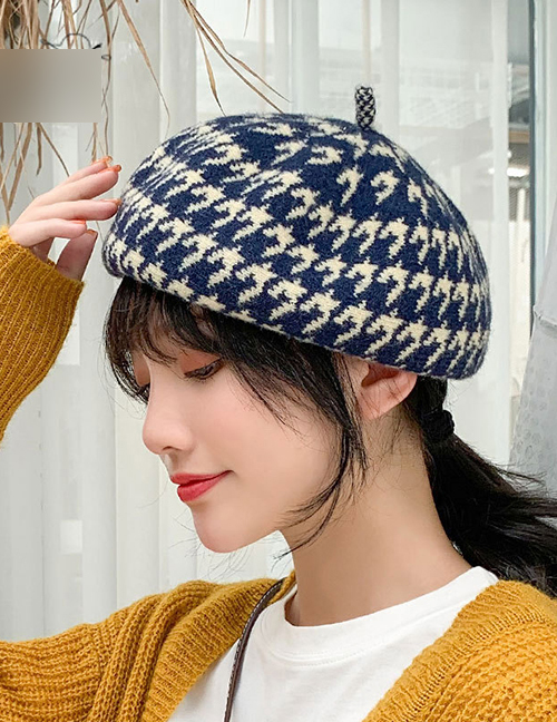 Fashion Navy Blue Houndstooth Wool Beret